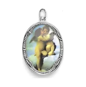 Přívěsek Zlatý přívěsek, porcelánový medailon Andělíčci, M-15, bílé zlato, P 158