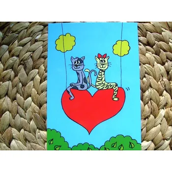 Pohled kreslená kočka Číslo: kočka, kocour a srdce