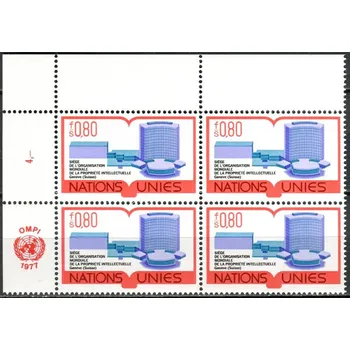 Poštovní známka (1977) MiNr. 63 ** - OSN Ženeva - 4-bl - Světová organizace duševního vlastnictví (WIPO)