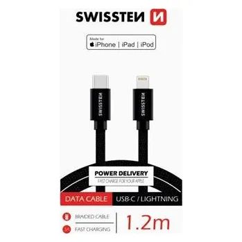 Kabel SWISSTEN DATOVÝ KABEL TEXTILE USB-C / LIGHTNING MFi 1,2 M ČERNÝ