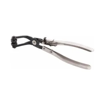 Kleště kleště na pružné hadicové spony vyhnuté s ráčnovým zajištěním , zahnut