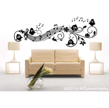 Samolepící dekorace Samolepky na zeď - Notový zápis s ptáčky - S (100 x 37 cm)