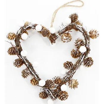 Vánoční dekorace Srdce závěs šišky/proutí 31cm natural/bílá (772739)