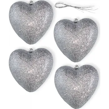 Vánoční dekorace Srdce závěs pvc 4ks/7,5cm stříbrná/gliter (775112)
