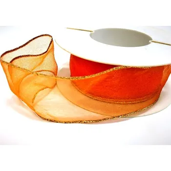 Stuha Stuha organza drát -oranžová zlatý lem - 40mm/1 m
