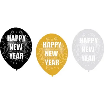 Balónek Balónek Happy New Year, černá zlatá stříbrná, 28 cm, 6 ks