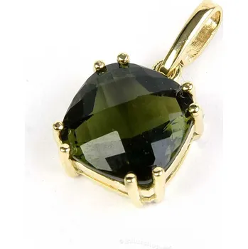 Přívěsek Vltavín přívěsek čtverec 11mm checker brus zlato 14K 2.48g