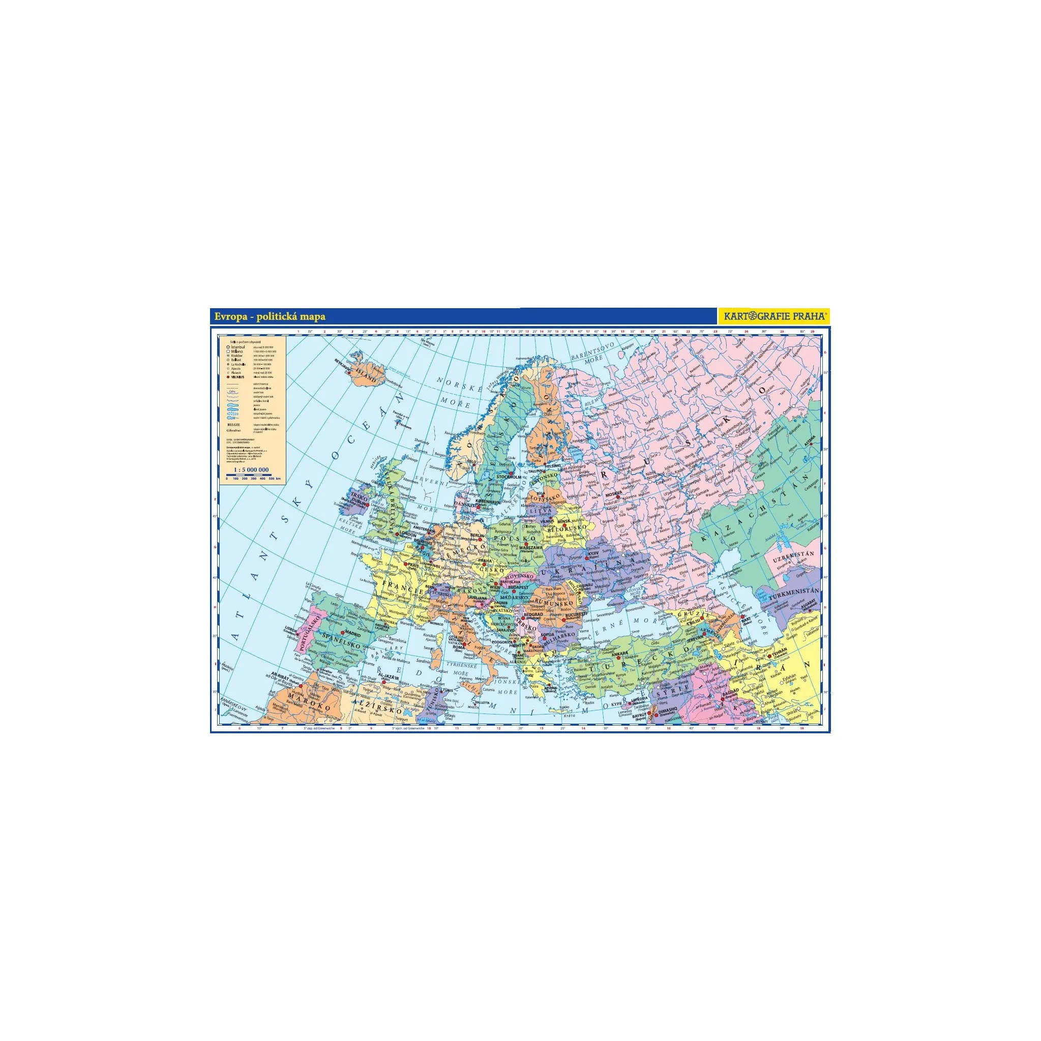 foto  Evropa: školní nástěnná politická mapa 1:5 000 000 - Kartografie Praha (2017, laminovaná s dřevěnými lištami)