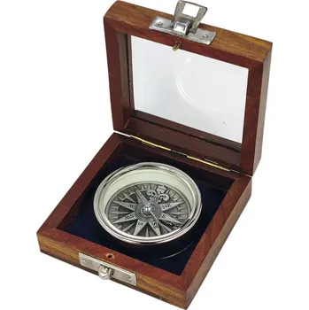 SEA CLUB Kompas stříbrný antik 3D s větrnou ružicí v dřevěné krabičce 1145B