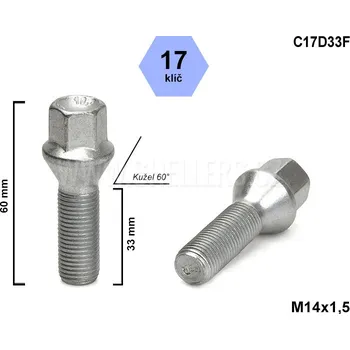 Šroubek na kolo Kolový šroub M14x1,5x33 kuželový, klíč 17, C17D33F, výška 60 mm