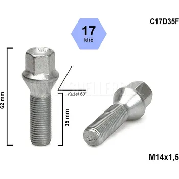 Šroubek na kolo Kolový šroub M14x1,5x35 kuželový, klíč 17, C17D35F, výška 62 mm