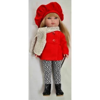 Panenka Realistická panenka Carlota v červeném kabátku a baretu od firmy Vestida de Azul (Carlota con chaqueton rojo , boina y bufanda)