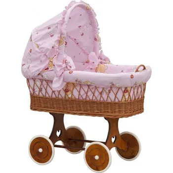 Kočárek Proutěný koš pro dítě jako kočárek s koly a boudou komplet růžový