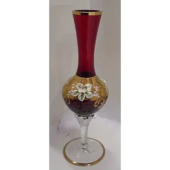 Váza Váza exklusivní červené sklo smaltované malovaná zlacená uzká STOS 20