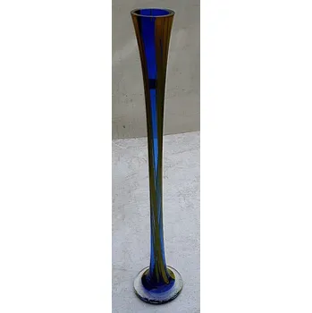 Váza Váza skleněná dlouhá tyčovka modro žlutá průhledná ručně foukaná SOU 42