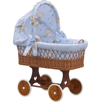 Kočárek Proutěný koš pro dítě jako kočárek s koly a boudou komplet modrý