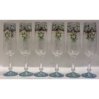 Sklenice Odlivky šampus flétny smaltované malované zlacené sada 6 kusů TF 214
