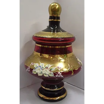 Dóza na potraviny Dóza s víkem skleněná smaltovaná malovaná červená zlacená ruční práce STO 111