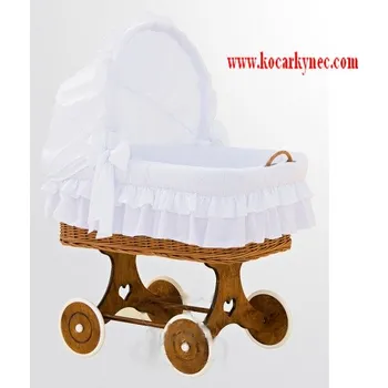 košík pro miminko Proutěný koš pro dítě jako kočárek s koly a boudou komplet Bílý