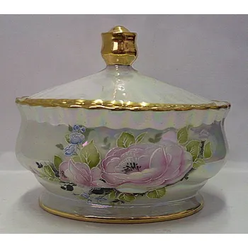 Cukřenka Cukřenka porcelánová zlacená listrovaná kulatá s víkem růžový květ 22F 6