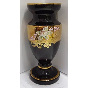 Váza Váza exklusivní černé sklo malovaná smaltovaná zlacená STOS 21