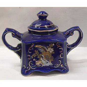 Cukřenka Cukřenka porcelánová modrá hranatá s uchy malovaná s víčkem miniatura