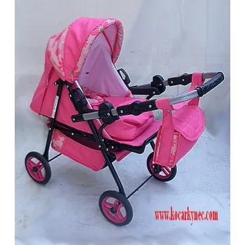 Kočárek pro panenku Kočárek pro panenku kombinovaný velká kola s přehazovací rukojetí a přenosnou taškou Růžový s květy