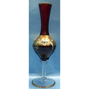 Váza Vázička červená baňatá skleněná s lepenými kvítky STOS 20