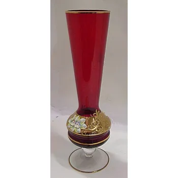Váza Váza červené sklo zlacená malovaná úzká smalt STOS 49