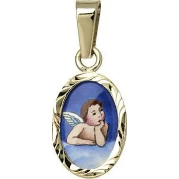 Přívěsek Zlatý dětský přívěsek - ochranný andílek modrý v rytém rámečku Zlato: bílé