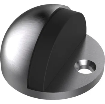 Dveřní zarážka 03 nerez (Podlahová dveřní zarážka 03 z nerez oceli DIN 1.4301 s matným povrchem a pryžovým chráničem chránícím dveře a zdi před poškozením, k instalaci na podlahu, vhodná pro interiér i exteriér.)