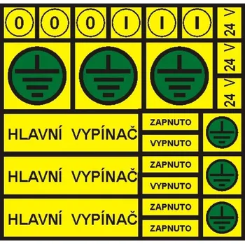 samolepka štítek "Hl.vypínač,vyp,zap,24V,uzemění se zel.pod" 15x15cm, samolepka