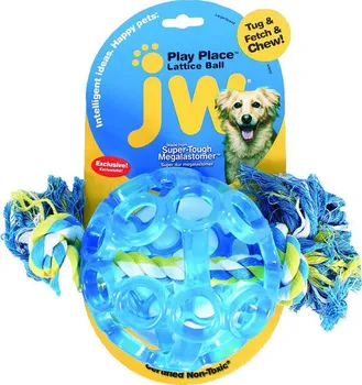 Hračka pro psa JW Pet Děrovaný míček s provazem Medium 20 x 8 cm