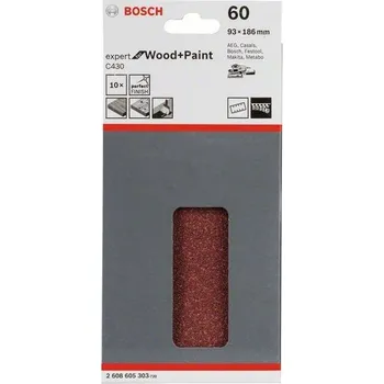 Brusný papír 10x Brusný papír - brusivo pro vibrační brusky Bosch Expert for Wood and Paint C430 93x186mm, hr. 60, 8 otvorů (2608605303)