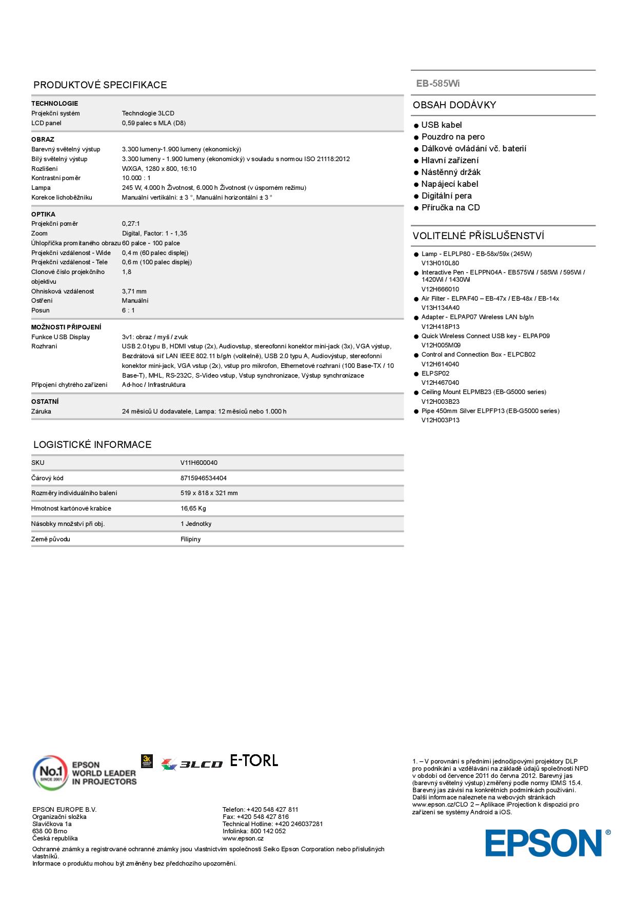 Datovy List Epson Eb 585wi Zbozi Cz