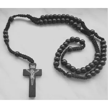 Náhrdelník Blingstar Dřevěný Růženec - přívěsek kříž Ježíš *Black* 1134 - křížek