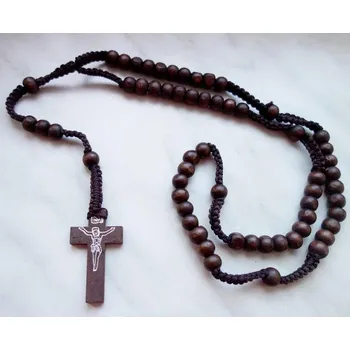 Náhrdelník Blingstar Dřevěný Růženec - přívěsek kříž Ježíš *Brown 1 * 1135 - křížek