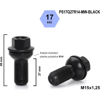 Šroubek na kolo Kolový šroub M15x1,25x27 kulový R14, pohyblivá plocha, klíč 17, PS17Q27R14-MW-BLACK, černý, výška 49 mm