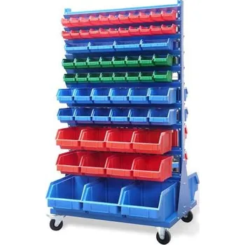 Dílenský regál Regál se zásobníky TechBox, šedá konstrukce, š x v: 940x1540 mm, dvoustranný mobilní, počet boxů: 130 ks.