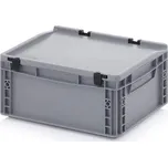 Přepravka plastová Euro s víkem, plná, šedá barva, 400 x 300 x 185 mm