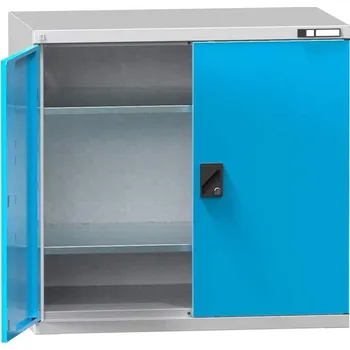 Dílenská skříň, v x š x h: 1000 x 1044 x 655 mm, dveře - dvoukřídlé plné, 2x police 100 kg, barva šedá RAL7035/modrá RAL5012