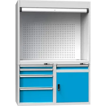 Kontrolní pracoviště š x h x v: 1462x753x2069 mm, 5 x zásuvka, 1x skříňka, barva dvířek modrá RAL5012