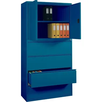 Kartotéka Kovová policová skříň s registraturou, 4 zásuvky + skříňka 714 mm, barva modrá RAL5010