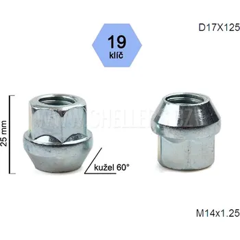Matice na kolo Kolová matice M14x1,25 kužel otevřená, klíč 19, D17X125, výška 25