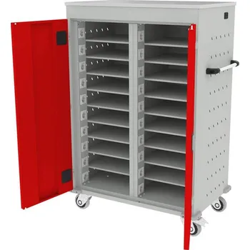 Skříň na notebooky, s napájením, 20 přihrádek, š x h x v: 920x540x1250 mm, barva: korpusu šedá RAL7035/ dveří červená RAL3020