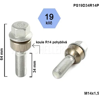 Šroubek na kolo Kolový šroub M14x1,5x34 kulová R14 pohyblivá, klíč 19, výška 64