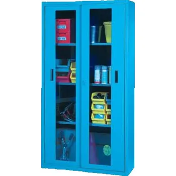 Dílenská skříň, v x š x h: 1950 x 1044 x 405 mm, dveře - dvoukřídlé posuvné prosklené, 3 x police 100 kg, barva modrá RAL5012