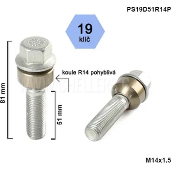 Šroubek na kolo Kolový šroub M14x1,5x51 kulová R14 pohyblivá, klíč 19, výška 81