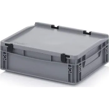 Přepravka plastová Euro s víkem, plná, šedá barva, 400 x 300 x 135 mm