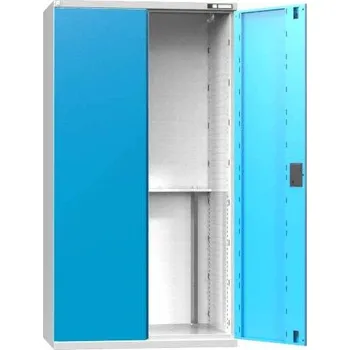 Skříň na CNC nástroje, d x v: 1044x1950 mm, křídlové dveře, korpus šedý RAL7035/dveře modré RAL5012